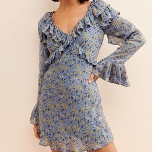 Free People Floral Ruffle Blue Babydoll Mini Dress Spring Feminine Coquette
